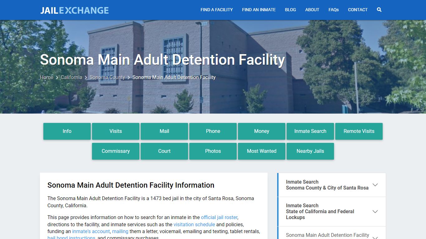 Sonoma Main Adult Detention Facility, CA Inmate Search, Information